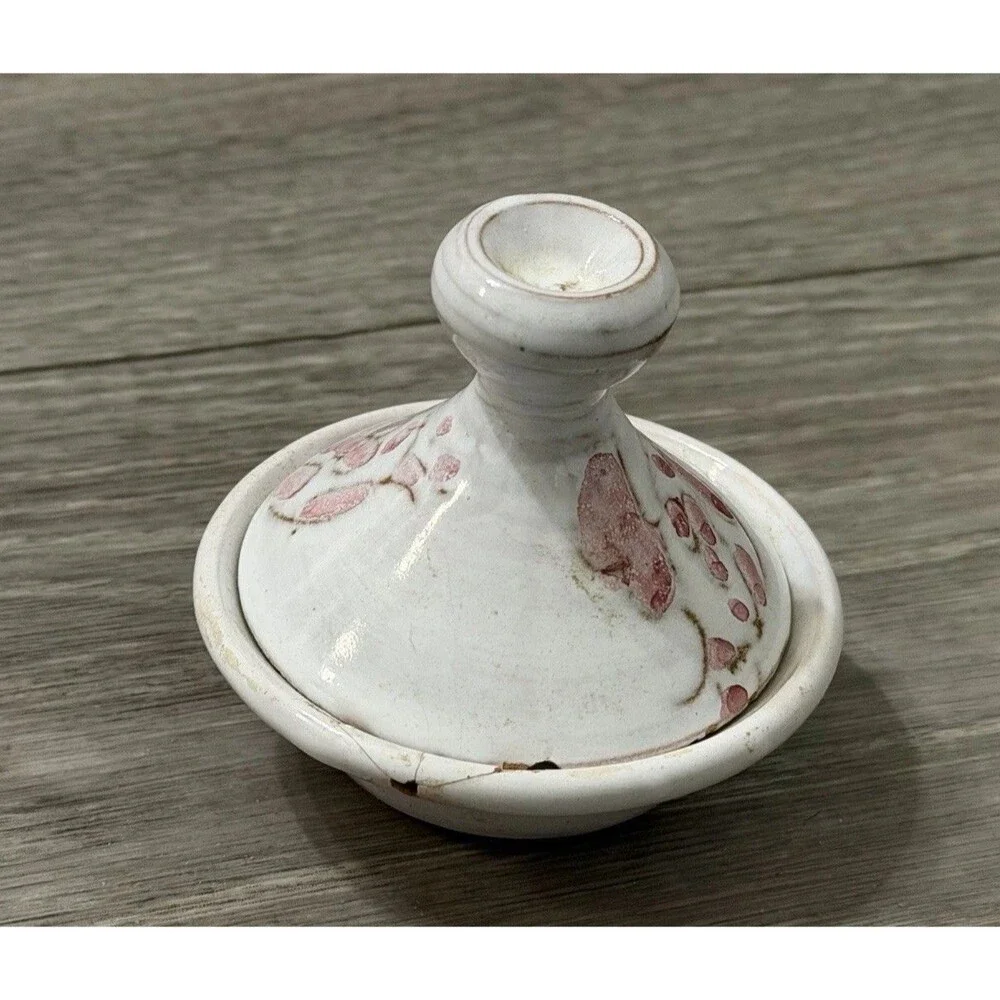 Vintage Small Clay Tagine White W/ Pink Flowers Handmade & Signed BROKEN - READ